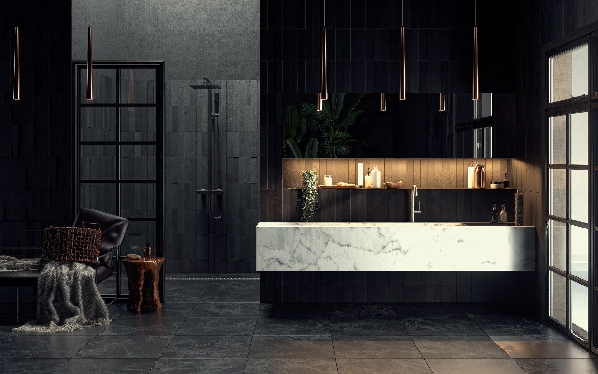 réhabilitation d'architecte d'une salle de bain avec carreaux et paroi de douche noirs munie d'un lavabo en marbre blanc sous 3 suspensions en or rose